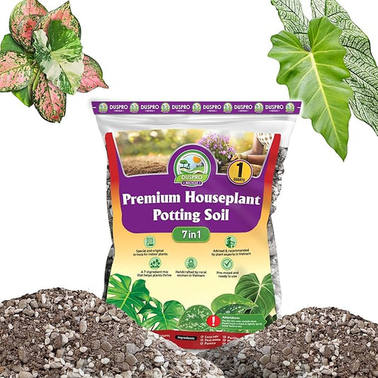 DUSPRO Recycle Pre-Mixed House Plant Potting Mix 7in1 with Potting Soil Indoor Plants, Tropical Indoor Potting Soil with Pine Bark, Pumice, Coco Coir, Perlite, Worm Castings, Gypsum, Peat Moss 1QRT