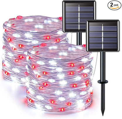 JMEXSUSS 2 Pack Red and White Solar Christmas Lights, Each 33FT 100 LED Solar String Lights Outdoor, Waterproof Solar Fairy Lights for Outside Christmas Decorations
