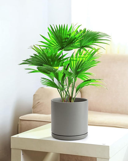 Set of 2 Plants Pots, 8 Inch Ceramic Planter Pot for Plants with Drainage Hole and Saucer, Speckled Grey, 94-V-D-3