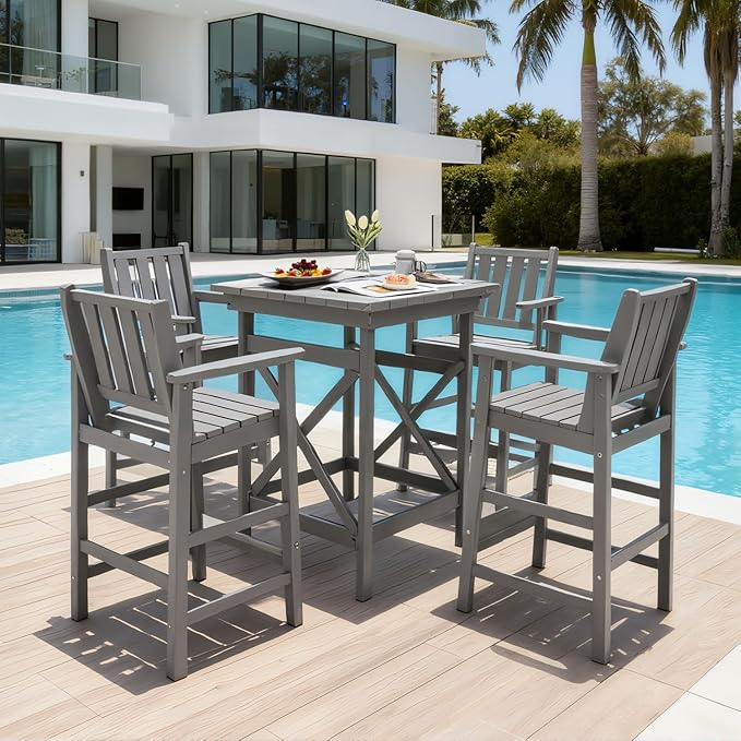 QUASCO 5 PCS Outdoor Adirondack Bar Chairs and Table Set, HDPE Patio Bar Height Chairs Set of 4 and Bar Table, All Weather Outdoor Bar Stools Set for Bistro, Balcony, Poolside, Gray