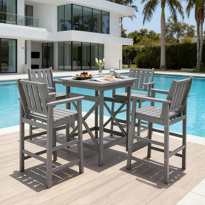 QUASCO 5 PCS Outdoor Adirondack Bar Chairs and Table Set, HDPE Patio Bar Height Chairs Set of 4 and Bar Table, All Weather Outdoor Bar Stools Set for Bistro, Balcony, Poolside, Gray