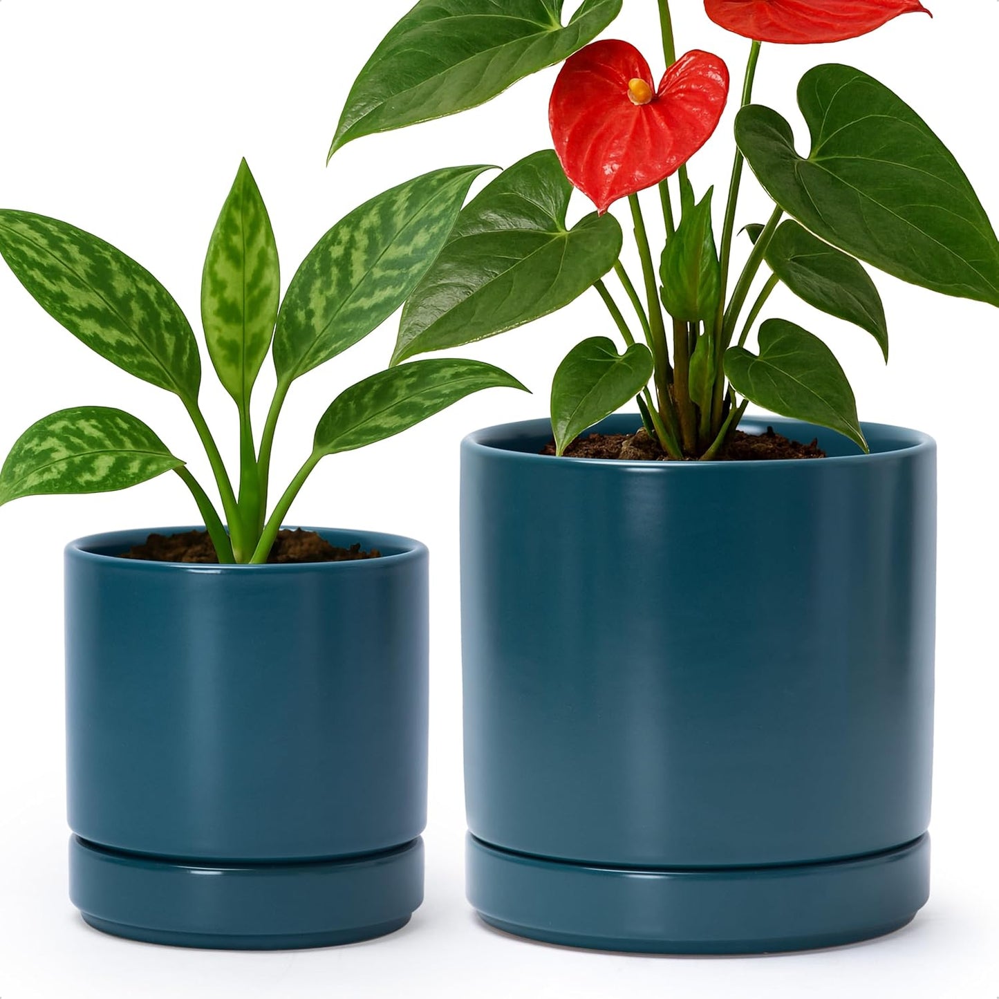 D'vine Dev 4.7 Inch & 6.5 Inch Ceramic Planter Pots for Plants with Drainage Hole and Saucer, Small Plant Pots Set, Teal, 94-G-S-9