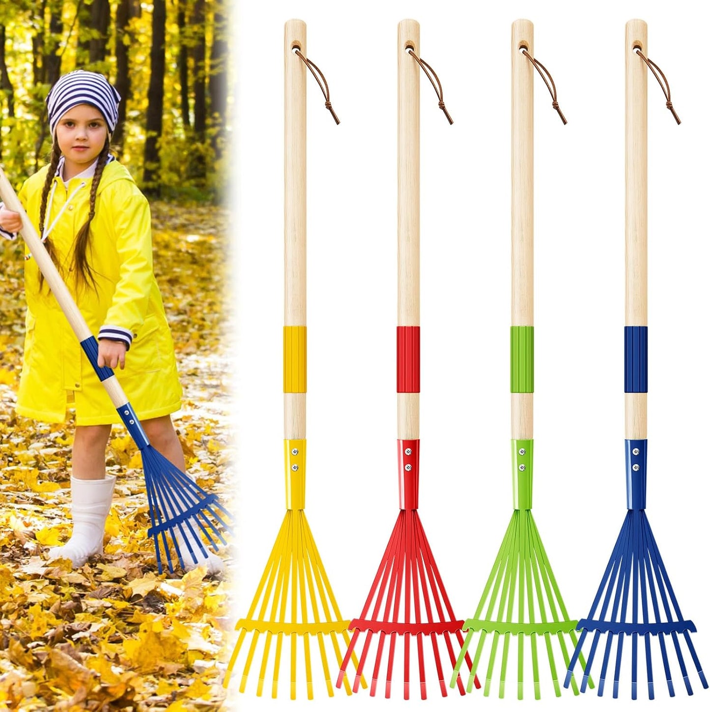 Suclain 4 Pcs Mini Rakes with Hardwood Handle Small Rake for Gardening Yard Tools Multicolor 28'' Mini Rake for Leaves Lightweight for Garden Leaf Tools