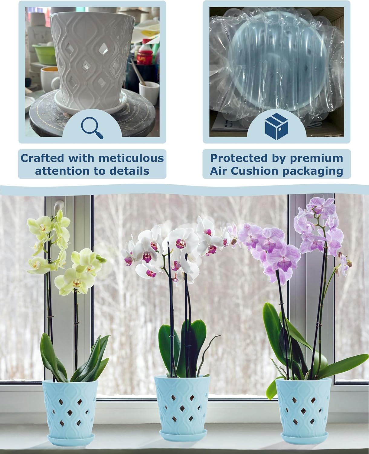 Whispering Winds Ceramic 5 x 6 Inch Orchid Pot with Holes & Saucer for Aeration and Drainage - Decorative Orchid Pots for Repotting, Prevent Over Watering & Root Rot (Charlotte Blue)