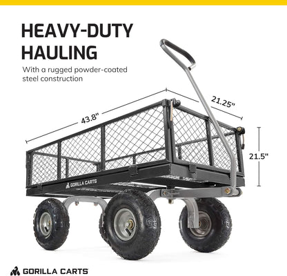 Gorilla Carts Steel Utility Cart, 4 Cu Ft Bed, 800 lb Load Capacity, Black – Heavy-Duty Outdoor Hauling Wagon with Removable Side Panels for Yard, Lawn, Garden or Landscaping