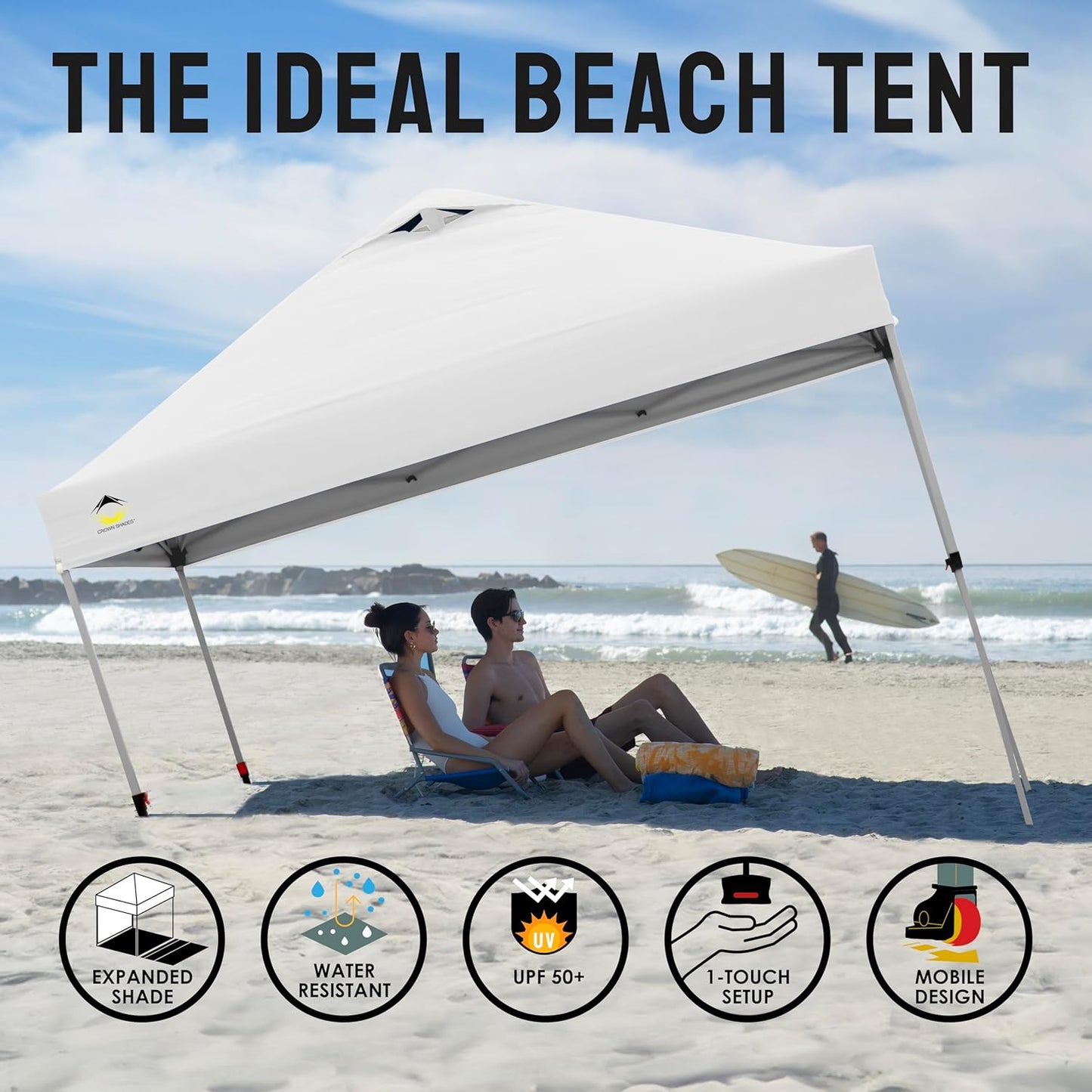 CROWN SHADES 10x10 Pop Up Canopy - Patented Center Lock One Push Instant Outdoor Canopy Beach Tent with STO-N-Go Bag 8 Stakes & 4 Sand Bags，White