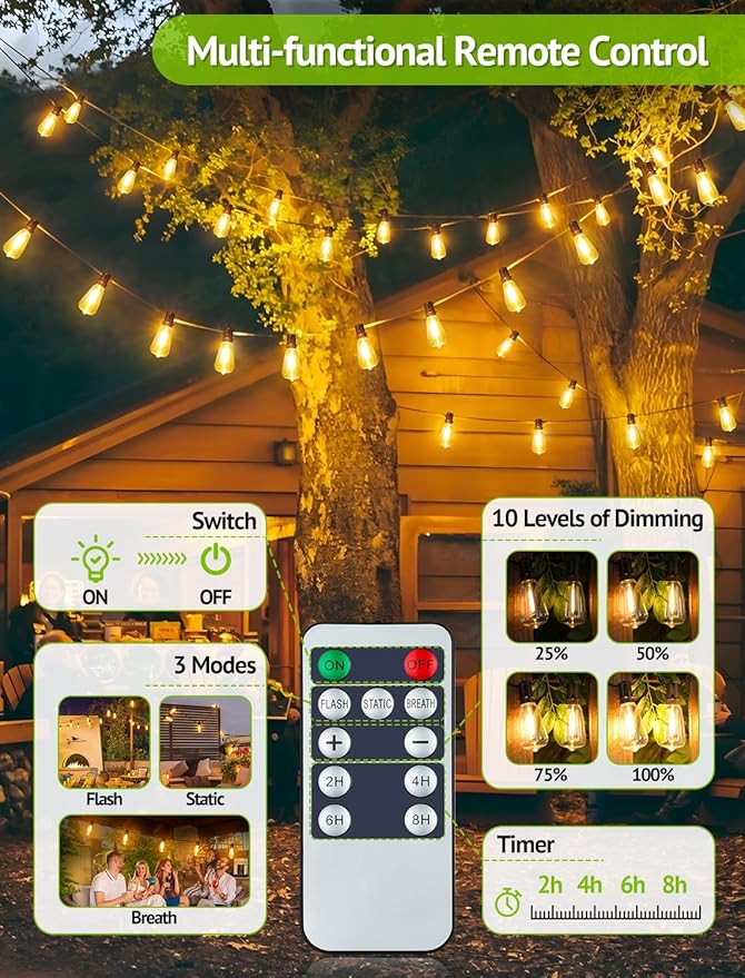 144FT(3x48FT) Solar Outdoor String Lights with Remote & Timer, Waterproof Dimmable Patio Lights with 54+3 ST38 LED Bulbs for Porch Party-Black