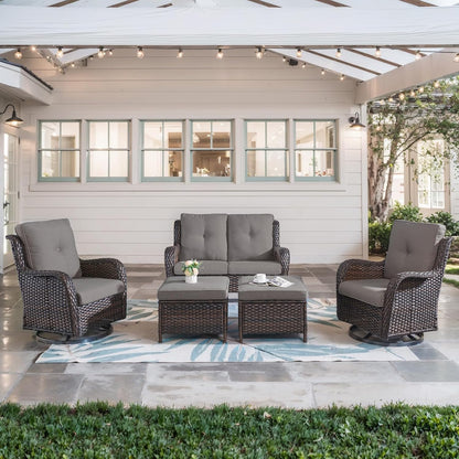 5 Piece Outdoor Patio Furniture Set - Wicker Furniture Patio Conversation Set, Outdoor Swivel Rocker Chairs with Loveseat Sofa and 2 Ottomans for Small Space, Gray Cushion