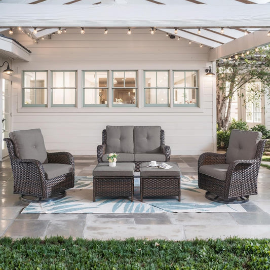 5 Piece Outdoor Patio Furniture Set - Wicker Furniture Patio Conversation Set, Outdoor Swivel Rocker Chairs with Loveseat Sofa and 2 Ottomans for Small Space, Gray Cushion