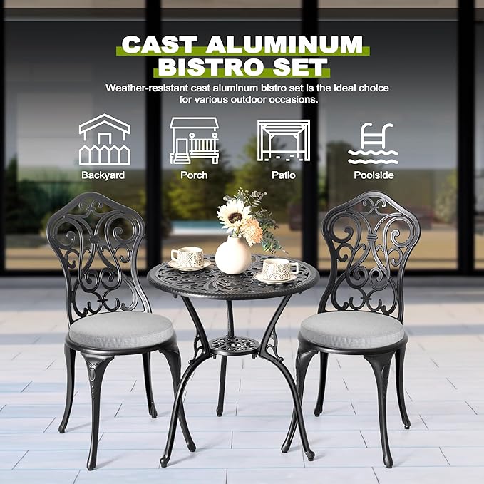 NUU GARDEN 3 Piece Outdoor Bistro Table Set, All Weather Cast Aluminum Patio Bistro Sets Patio Table and Chairs Set of 2 with Umbrella Hole for Yard, Garden, Balcony, Black