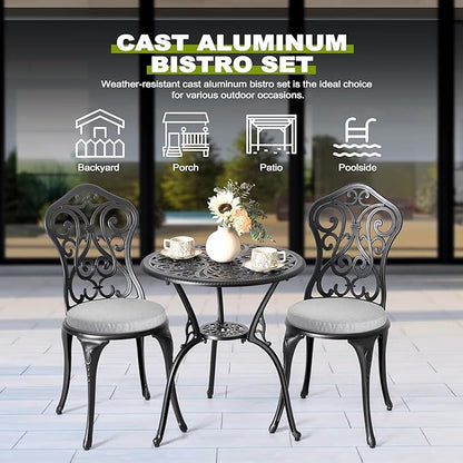 NUU GARDEN 3 Piece Outdoor Bistro Table Set, All Weather Cast Aluminum Patio Bistro Sets Patio Table and Chairs Set of 2 with Umbrella Hole for Yard, Garden, Balcony, Black