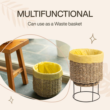 Set of 2 Water Hyacinth Planter Pot with Metal Stand - Indoor Plant, Flower, Succulent, Basket, Decorative Pot Cover (Seagrass)