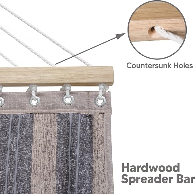 SUNCREAT Double Quilted Hammock with Hardwood Spreader Bar, Extra Large Soft Pillow, Heavy Duty 2 Person Hammock for Indoor, Outdoor, Gray Stripes