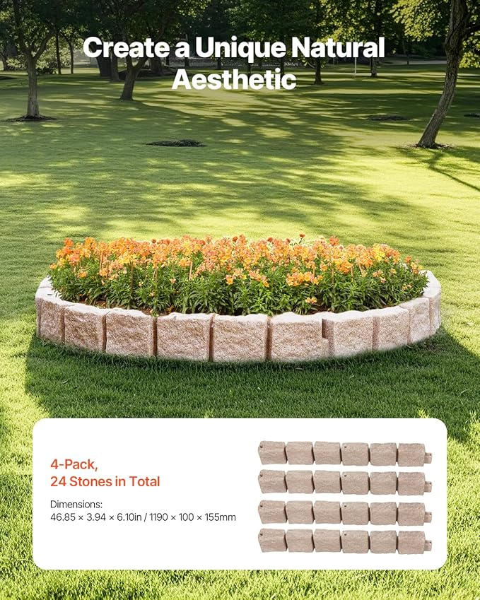 VEVOR Faux Stone Landscape Edging, No Dig Garden Edging Border, Flexible Blocks for Lawn Edging, Flower Beds, Driveway, Yards with 12 Spikes, 4 Pack 24 Bricks 16FT Kit, 46.9" Lx 4" W x 6" H, Beige