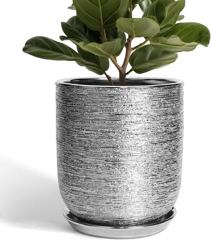 10 Inch Plant Pot - Ceramic Planter for Indoor Outdoor Flowers, Cylinder Modern Flower Pot with Drainage Hole and Saucer, Gifts for Plants Lovers, Home Garden Office House Decor, Silver
