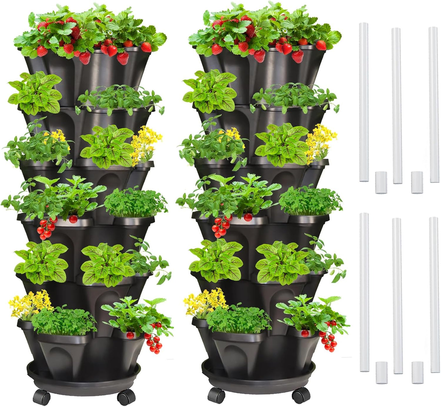 Strawberry Vertical Planter 2 Pack, 6 Tiered Stacking Garden Tower, Stackable Herb Vegetable Planters with Support Pole Indoor Outdoor Black