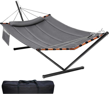 TegerDeger 12FT 2 Person Hammock with Stand Included 55 x 79IN Large Hammock 450LB Capacity with Hardwood Spreader Bar & Nylon Rope for Outside, Patio, Garden, Backyard, Beach, Poolside - Gray