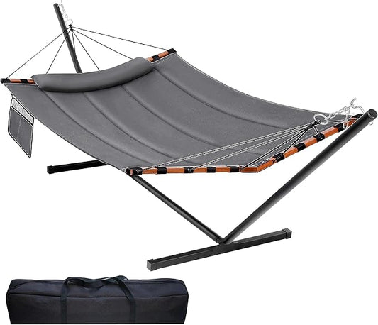 TegerDeger 12FT 2 Person Hammock with Stand Included 55 x 79IN Large Hammock 450LB Capacity with Hardwood Spreader Bar & Nylon Rope for Outside, Patio, Garden, Backyard, Beach, Poolside - Gray