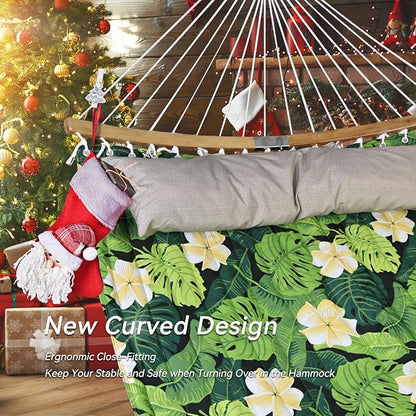 Double Hammock, 11 FT Quilted Fabric 2 Person Hammock for Outside with Pillow, Folding Curved Spreader Bar, Chains, Carrying Bag, Indoor Outdoor, 450 IB Capacity, GreenLeaves