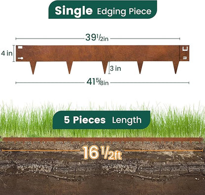 Corten Steel Rust Landscape Edging Border, 5 Pack 42”L x 7”H Weather Resistant Bendable Metal Garden Lawn Edging for Landscaping, Yard Pathway (16.5 Ft Total)