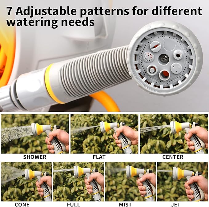 Garden Retractable Hose Reel, Portable Simple Home Hose Reel 45+5 FT with 7 Patterns Spray Nozzle, Wall Mounted and Any Length Lock for Garden Watering, Car Washing, Pet (Orange)