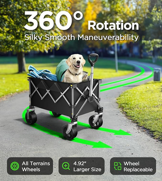 Beach Wagon,Collapsible Wagon 220lbs with Big Wheels FoldableWagon Carts,Portable Utility for Garden Grocery Sports Camping All Terrain-Black
