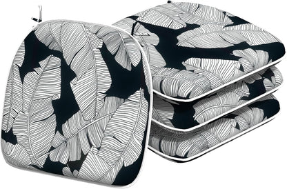 Indoor/Outdoor Chair Cushions 16x17 Inch, Patio Chair Cushions with Ties, All Weather Seat Cushions for Patio Furniture Home Garden Chair Use, Set of 4, Black Lush Leaves