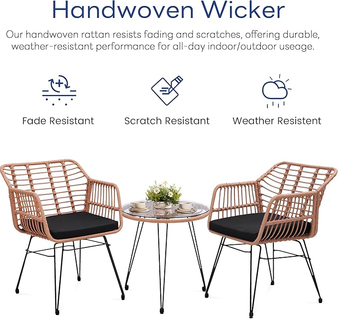 3 Piece Wicker Patio Bistro Furniture Set, Includes 2 Rattan Chairs and Glass Top Table, Ideal for Porch, Outdoor, Backyard, Apartment, Balcony, Natural