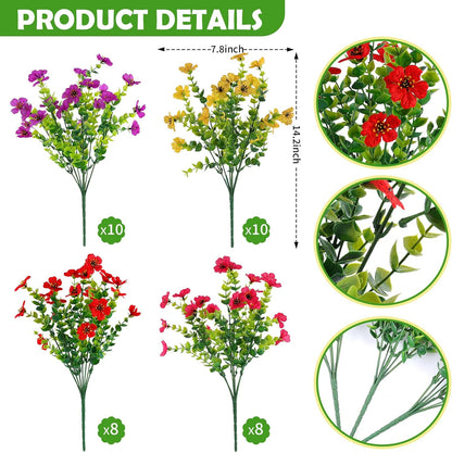 36 Bundles Artificial Flowers Outdoors UV Resistant Fake Plastic Spring Mum Flowers Colorful Silk Plants for Outside Porch Window Patio Home Decor(36, Red, Purple, Yellow, Rose Red)