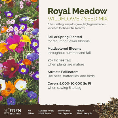 Eden Brothers Royal Meadow Flower Mixed Seeds for Planting, 5 lb, 2,400,000+ Seeds with Morning Glory, African Daisy | Attracts Pollinators, Plant in Spring or Fall, Zones 3, 4, 5, 6, 7, 8, 9, 10