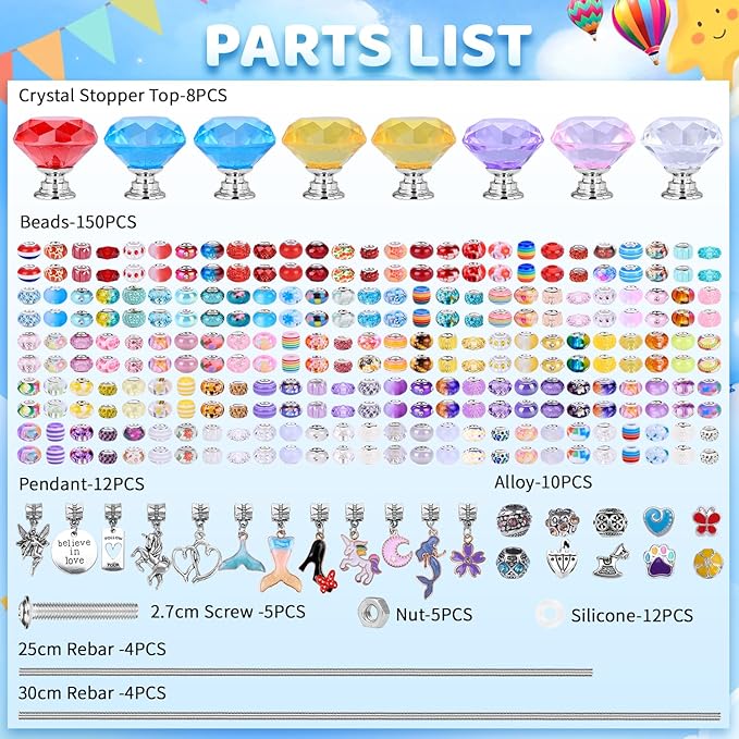 AIPRIDY DIY Fairy Wand Garden Beads Stakes Wands Kit,Multiple Color Scheme European Beads Crystal Diamond Tops and 12 or 10 Inch Threaded Rods,Stainless Steel Stakes with Diamond Toppe(Six Color)