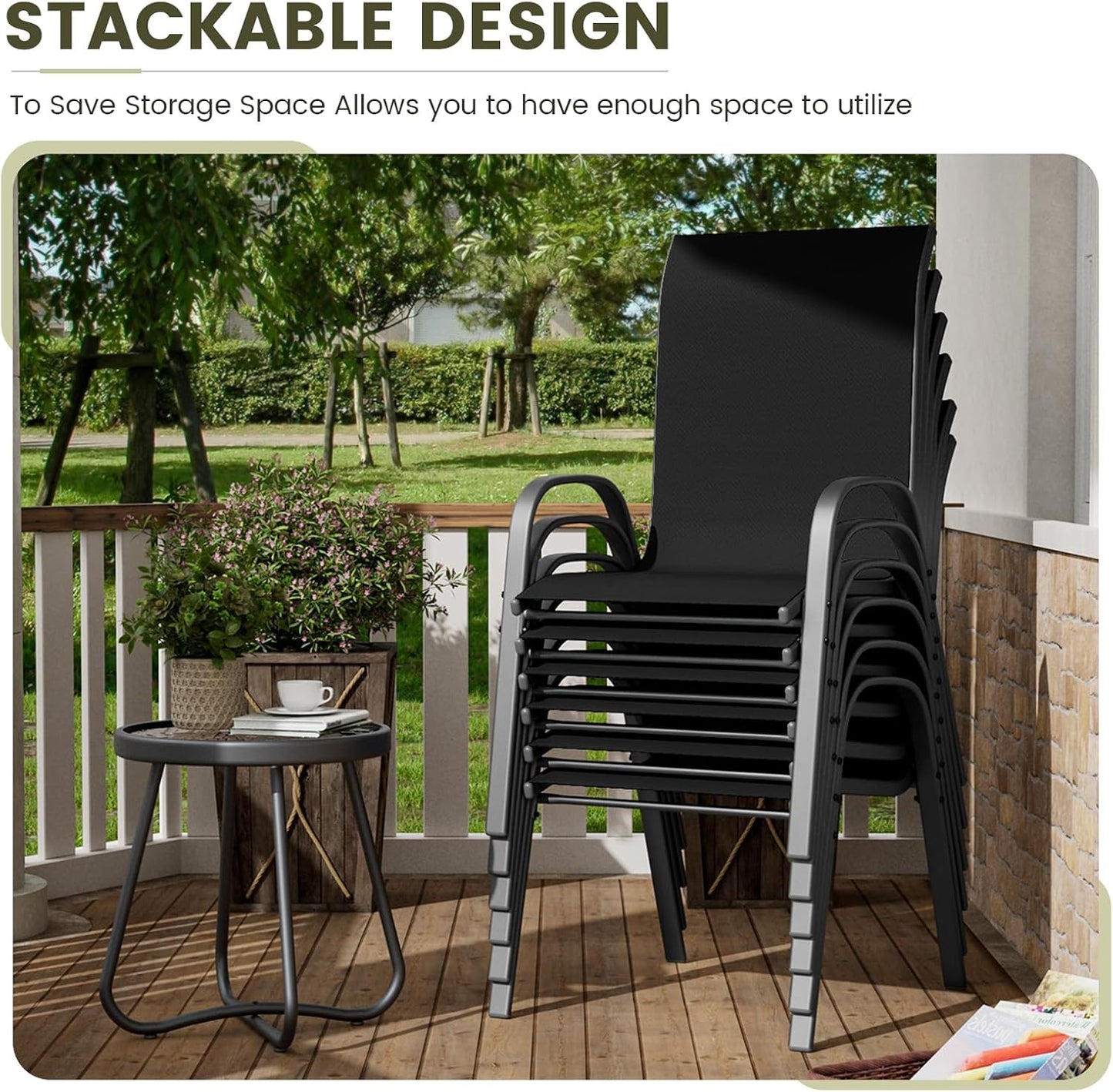 UDPATIO Patio Dining Set of 7, Outdoor Table and Chairs Set with Square Metal Table, 6 Stackable Patio Chairs with High Back, Outdoor Furniture for Deck Garden Backyard Lawn Poolside (Black)