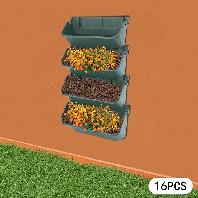 Wall-Mounted Vertical Wall Planter 16 Pack Stackable Wall Planter Indoor Outdoor, Garden Self Watering Wall-Mounted Plastic Planter Plant Flower Pot Holder for Vegetable Fruit Herb