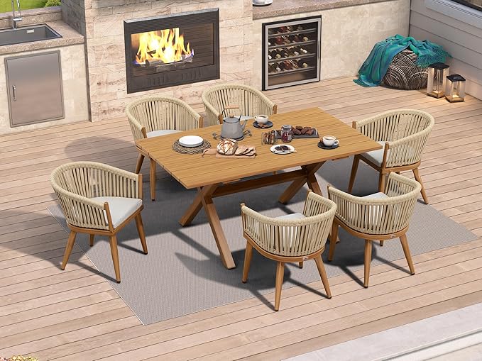 PURPLE LEAF 7 Pieces Outdoor Dining Set with Patio Aluminium Dining Table and Wicker Chairs Modern Furniture Cushions Sets for Backyard Indoor Decor Kitchen Teak