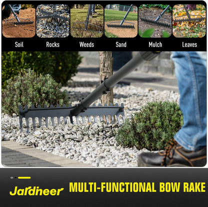 Jardineer Bow Rake Heavy Duty, Long Handle Metal Rakes for Gravel, Rocks, Lawns Leaves, Soil Leveling, Landscaping, Garden Rake with 18 Steel Tines (59 Inches)