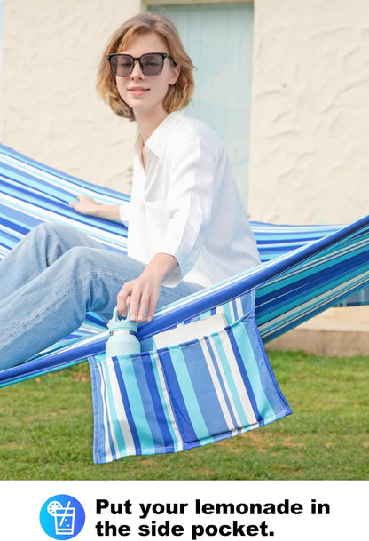 Double Quilted Fabric Tree Hammock with Spreader Bar, 14ft Hammocks 2 Person for Outside, Fits 12ft -14ft Hammock Stand, Large Pillow, Side Pocket & Carabiner, Max 475 lbs Capacity (Ocean Blue)