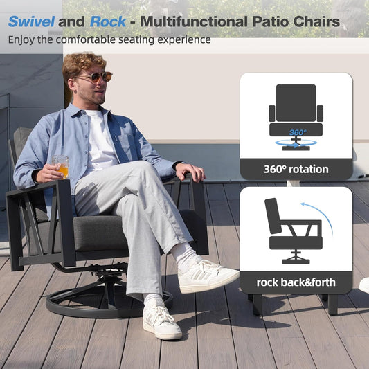 Outdoor Patio Swivel Rocking Chairs Set, Patio Porch Furniture with 6" Thick Cushions, 3 Pieces Outdoor Bistro Set with Coffee Table for Balcony, 350lbs, Dark Grey