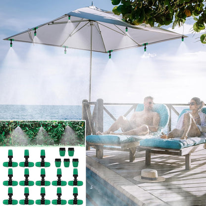 Misting Cooling System with 20 Adjustable Nozzles.20 Lock Barbed 6mm to 1/4 Inch Tee, 5 Lock Barbed End Plugs for Greenhouse Lawn Raised Bed