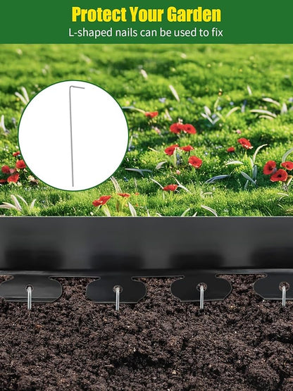 Kalolary Landscape Edging, 100FT x 4 Inch Tall Plastic Garden Lawn Edging Border with 100 L Spikes, 9 Connector for Landscaping Garden, Flower Beds (Black)