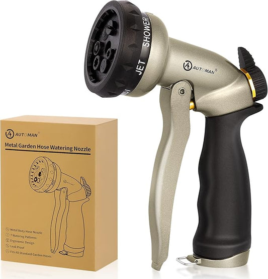 AUTOMAN Garden Hose Nozzle - 7 Patterns Sprayer, 100% Metal High Pressure Spray Nozzle, Labor-Saving Design, Heavy Duty Water Hose Nozzle for Garden Watering, Car Washing, Window Cleaning,Pets Bathing