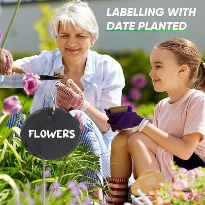 12 Sets Plant Labels Slate Plant Tags Garden Sign Marker Weatherproof Reusable Natural Slate Garden Sign Hanging Tag with Metal Stake and Pen for Outdoor Flower Vegetable(Oval)