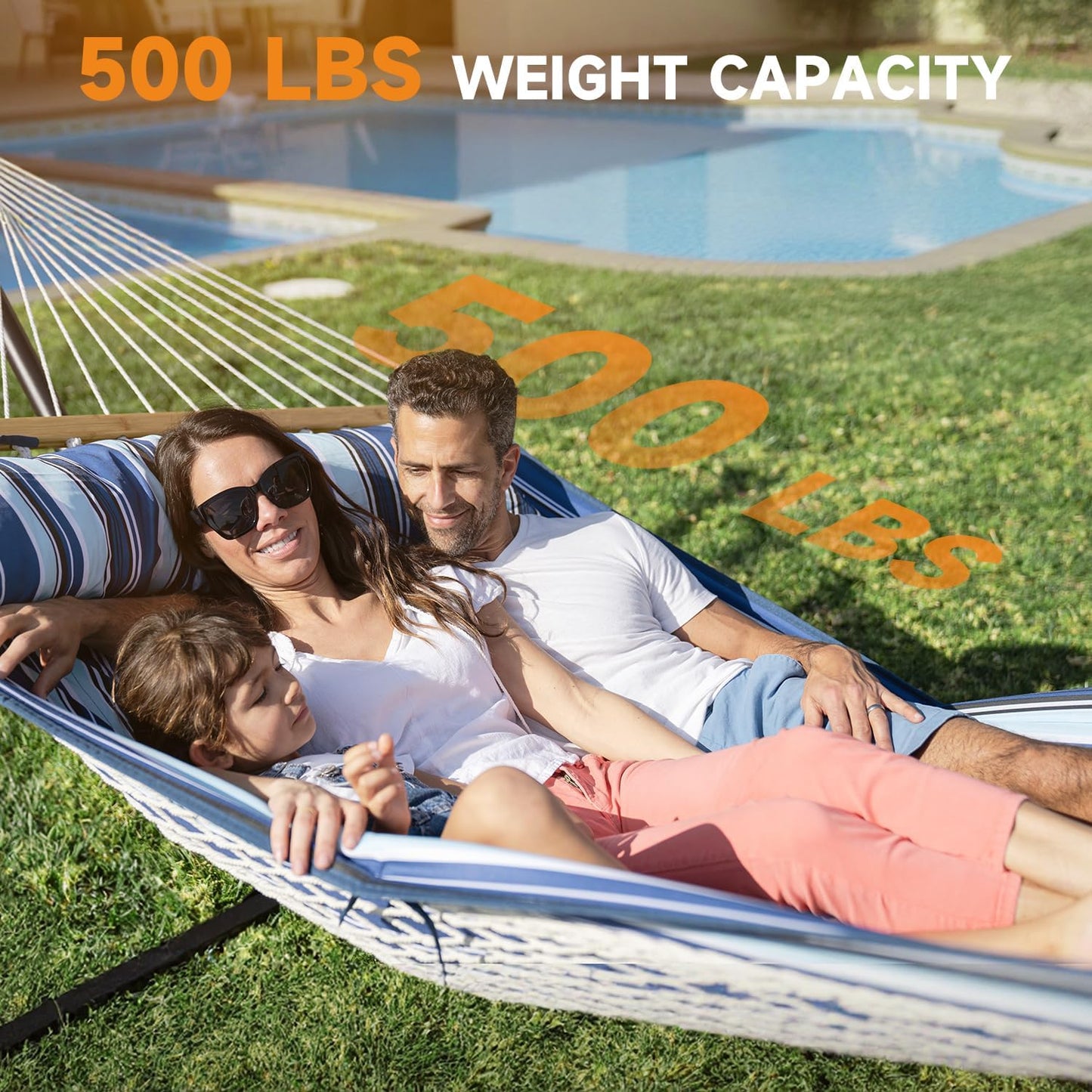 2 Person Outdoor Hammock with Stand, Cotton Rope Hammock with Polyester Pad, Adjustable Steel Frame, Portable with Carrying Bag – for Patio, Backyard, Garden, Beach, Blue Stripe