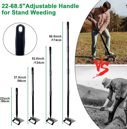 6-Tines Rake and Stirrup Hoe, Metal Garden Hula Hoes Tiller Rake Tool with Adjustable Long Handle, Action Scuffle Loop Hoe for Weeding, Digging, Loosening Soil