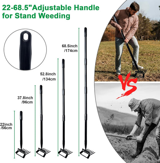 6-Tines Rake and Stirrup Hoe, Metal Garden Hula Hoes Tiller Rake Tool with Adjustable Long Handle, Action Scuffle Loop Hoe for Weeding, Digging, Loosening Soil