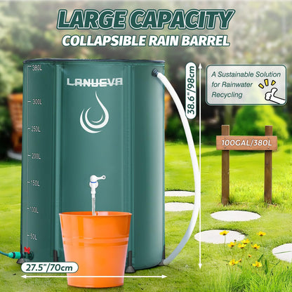 LANUEVA 100 Gallon Collapsible Rain Barrel, Rainwater Collection System with 2 Spigots, Overflow Kit and 2 Hoses, Portable Water Storage Tank with Scale Mark for Garden Plant Watering, Farm Irrigation