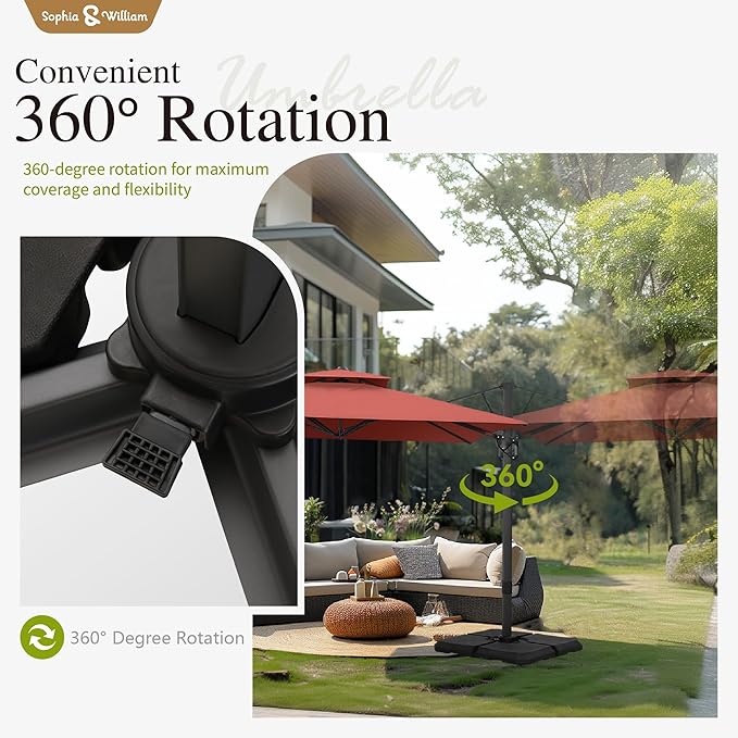 Sophia & William 12ft Cantilever Patio Umbrella with Base, Large Rectangular Umbrellas with 360-degree Rotation, Aluminum Pole for Garden Pool Backyard, Red