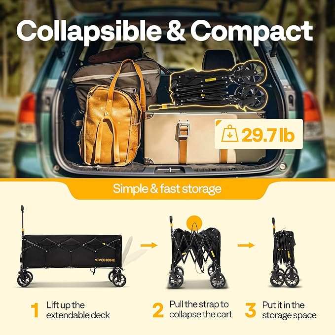 VIVOHOME 48''L Extended Collapsible Wagon Cart with 440lbs Weight Capacity, Heavy Duty 350L Folding Utility Garden Cart with Extended Tailgate and Big All-Terrain Beach Wheels