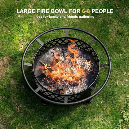 38 Inch Wood Burning Fire Pit for Outside, Round Firepit with Grill & Metal Lid, Metal Outdoor Fire Pit Table for Patio Backyard Garden Bonfire Party