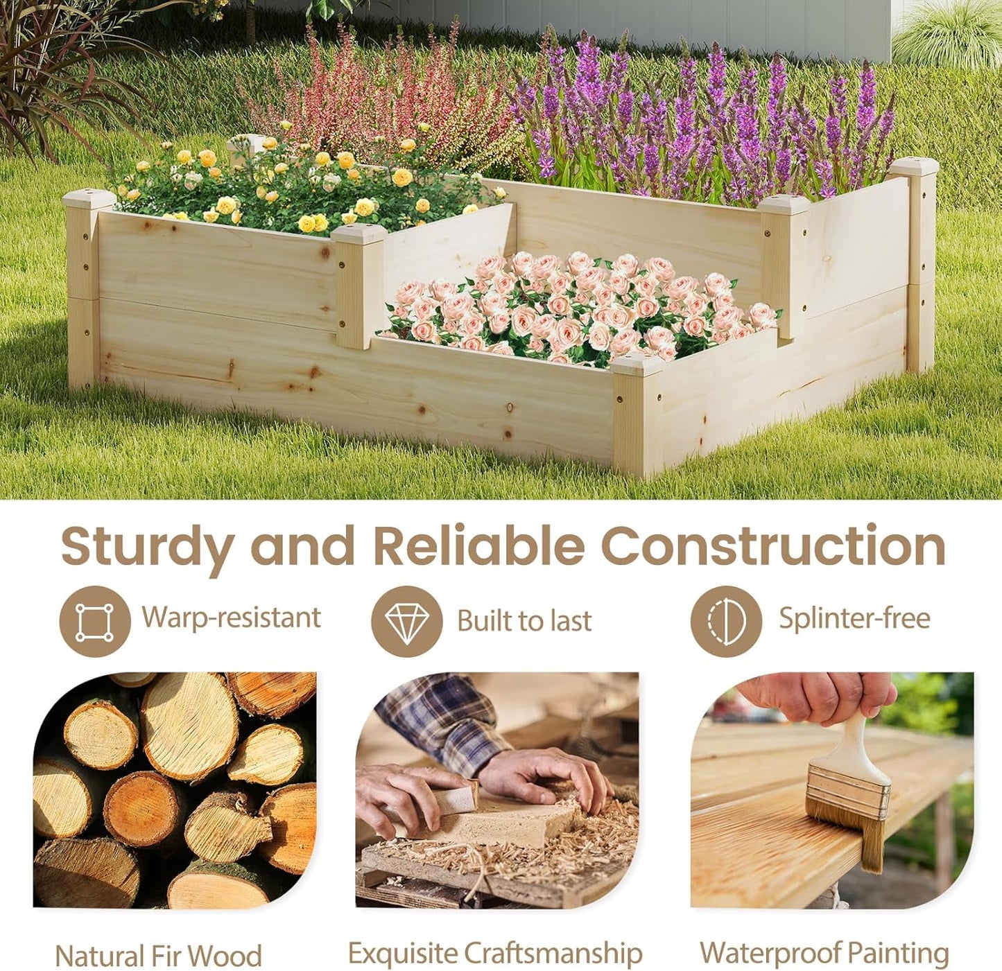 HAPPYGRILL 3-Tier Raised Garden Bed, Wood Elevated Planter Box w/Open-Ended Base, 3 Planting Depths& 2 Arrangement Options for Yard Lawn, Outdoor Planter Raised Beds for Vegetables Herbs Fruits