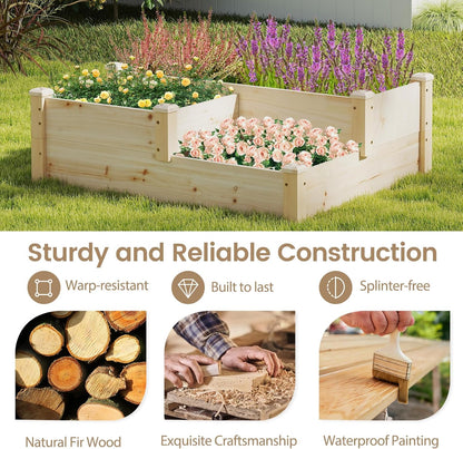 HAPPYGRILL 3-Tier Raised Garden Bed, Wood Elevated Planter Box w/Open-Ended Base, 3 Planting Depths& 2 Arrangement Options for Yard Lawn, Outdoor Planter Raised Beds for Vegetables Herbs Fruits